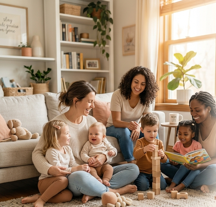 A group of moms sitting together on a rug in a cozy, sunlit living room, laughing and playing with their children.